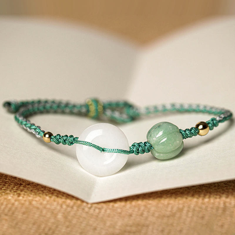 Buddha Stones Geflochtenes Armband mit Friedensschnalle aus weißem Jade, Kürbisperle und Glücksbringer - image 2