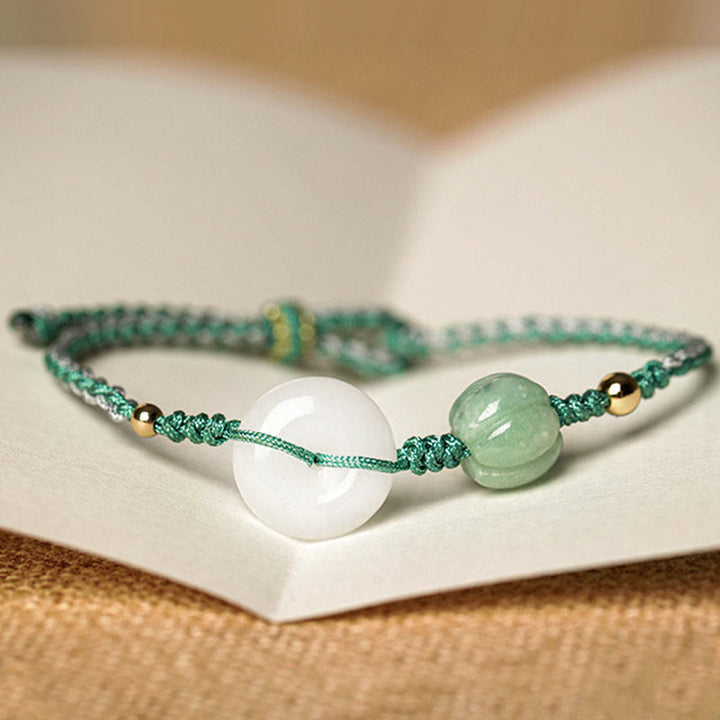 Buddha Stones Geflochtenes Armband mit Friedensschnalle aus weißem Jade, Kürbisperle und Glücksbringer - image 2