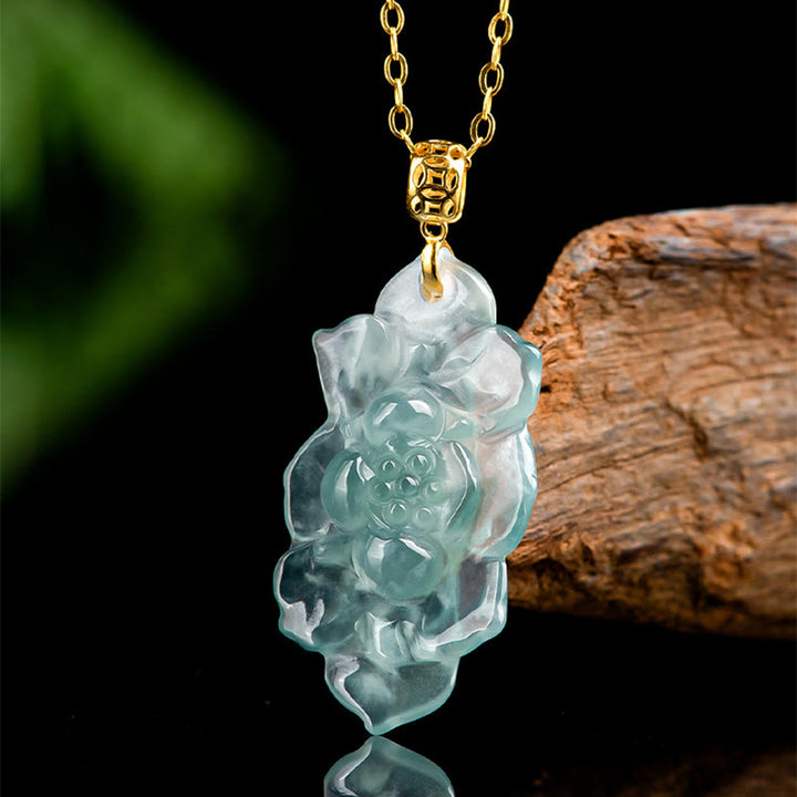 Buddha Stones 18K Gold natürliche Jade Lotus Muster Wohlstand Halskette Anhänger - image 2