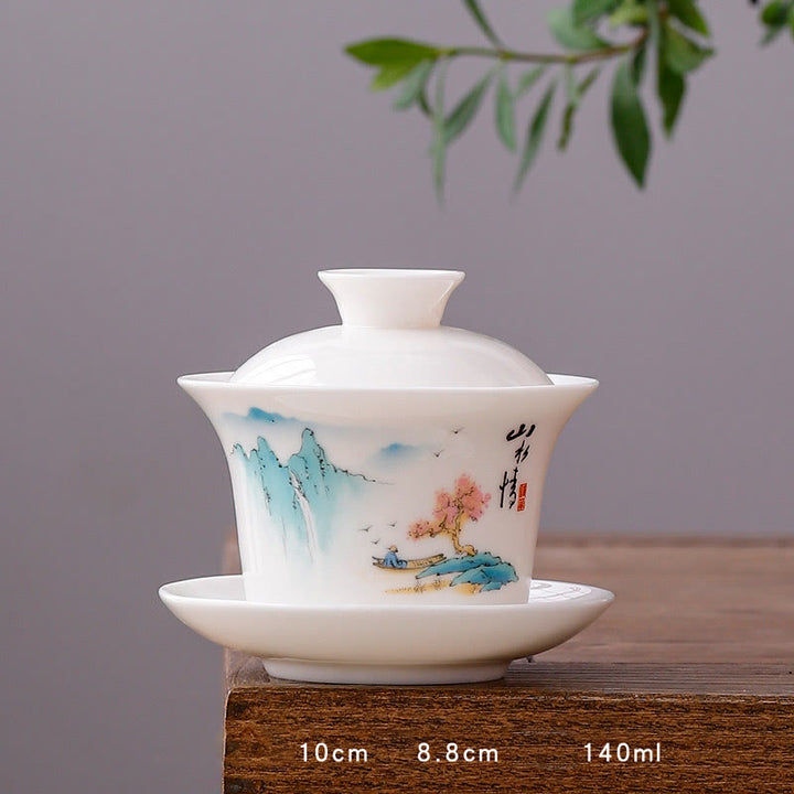 Buddha-Steine, Weiß Porzellan, Berglandschaft, Landschaft, Keramik, Gaiwan-Teetasse, Kung-Fu-Teetasse und Untertasse mit Deckel