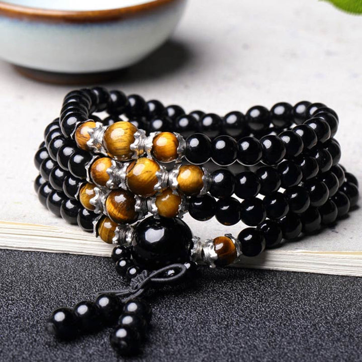 Buddha Stones 108 Perlen natürliches schwarzes Obsidian-Tigerauge-Mala-Armband