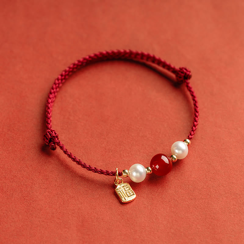 Armband mit Buddha Stonesn, 925er-Sterlingsilber, Glücksbringer, Fu-Charakter, Achat, Perle, rote Schnur - image 3