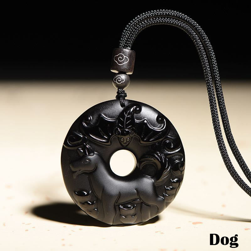 Buddha Stones, chinesisches Sternzeichen, natürlicher schwarzer Obsidian, Friedensschnalle, Stärke-Halsketten-Anhänger - Hund - image 22