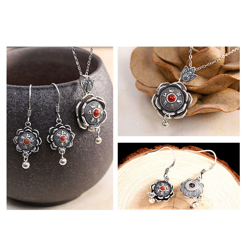 925 Sterling Silber Om Mani Padme Hum Lotus Peace Halskette Anhänger Ohrringe - image 7