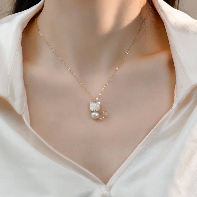 Buddha Stones 14K vergoldete Perle Hetian Jade Muschel Glück Katze Kätzchen Halskette Anhänger - image 4