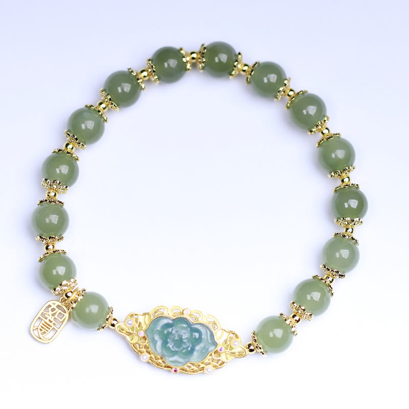 Buddha Stones 925 Sterling Silber vergoldet 14 Karat Gold Hetian Jade Lotus Glücksarmband - image 3