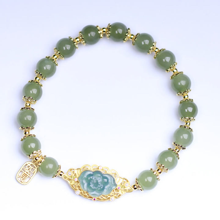 Buddha Stones 925 Sterling Silber vergoldet 14 Karat Gold Hetian Jade Lotus Glücksarmband - image 3
