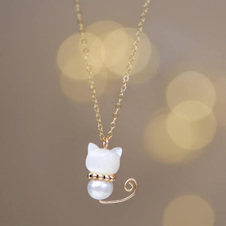 Buddha Stones 14K vergoldete Perle Hetian Jade Muschel Glück Katze Kätzchen Halskette Anhänger - Normal 14K vergoldet - Perle - image 2