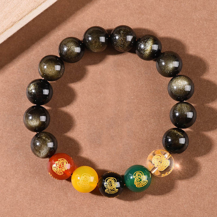 Buddha Stones Armband Gods of Wealth, goldglänzender Obsidian, Regenbogenobsidian, schwarzer Obsidian, Five Directions