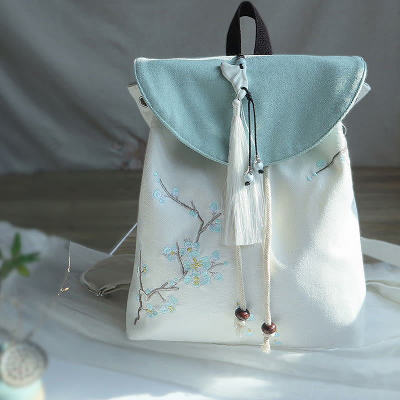 Handgemachter, bestickter Canvas-Rucksack mit Buddha Stones und großer Kapazität - Blaue Pflaumenblüte - image 13