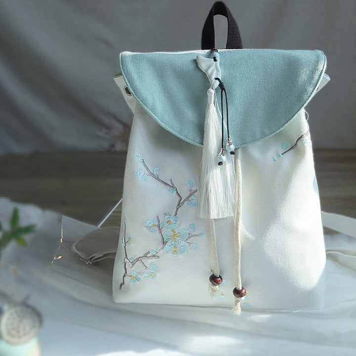 Handgemachter, bestickter Canvas-Rucksack mit Buddha Stones und großer Kapazität - Blaue Pflaumenblüte - image 13