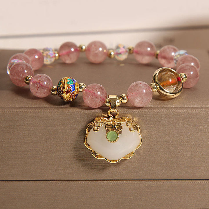 Buddha Stones Erdbeerquarz grüner Kristall Amethyst Heilung chinesisches Schloss Charm Armband