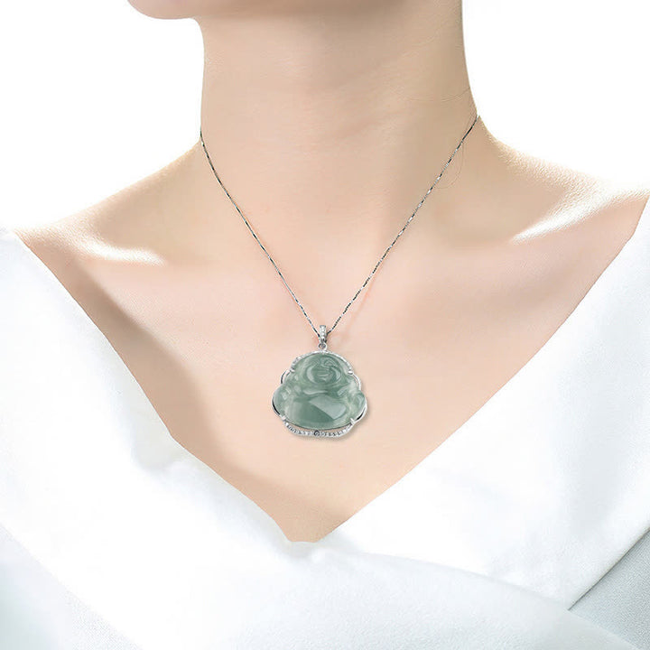 Buddha Stones 925 Sterling Silber Lachender Buddha Natürliche Jade Glück Halskette Kettenanhänger - image 3