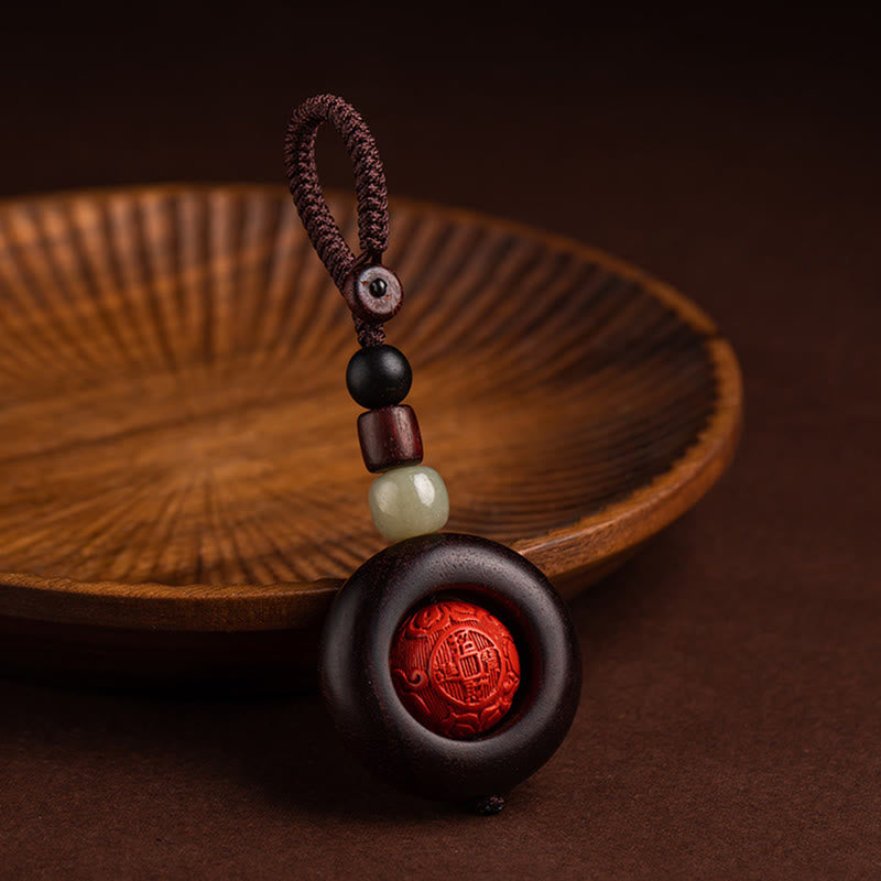 Buddha Stones, Tibet, Om Mani Padme Hum, PiXiu, Kupfermünze, kleines Blatt, rotes Sandelholz, Zinnober, Schutz-Schlüsselanhänger