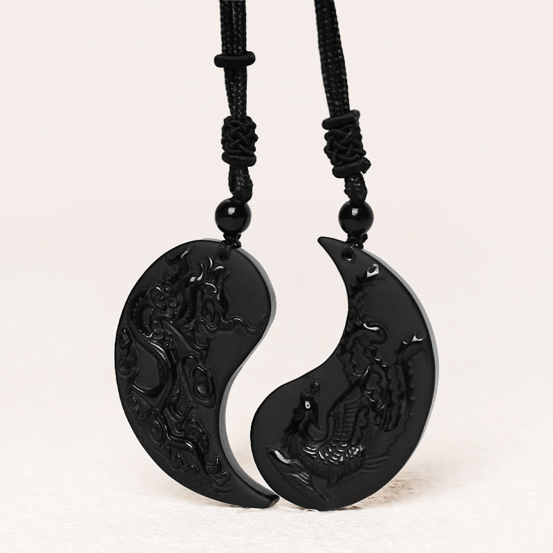 Buddha Stones, schwarzer Obsidian, Yin-Yang-Drache, Phönix, Glücks-Halsketten-Anhänger