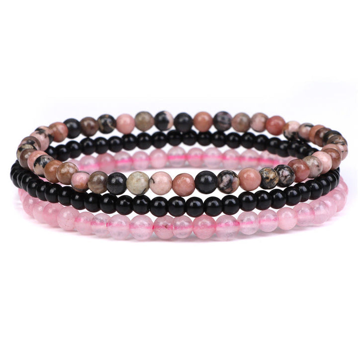 Buddha Stones 3-teiliges spirituelles Armband aus natürlichem Kristallstein für inneren Frieden - 4 mm Rhodonit, schwarze Glasperlen und rosa Kristall (Handgelenkumfang 15-16 cm) - image 5
