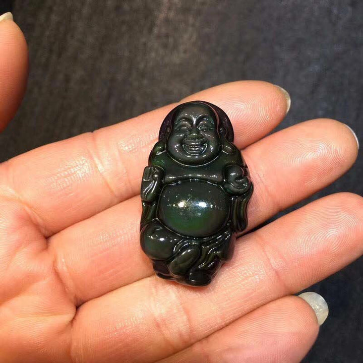 Halskettenanhänger mit natürlichem Regenbogen-Obsidian, lachender Buddha, innerer Frieden