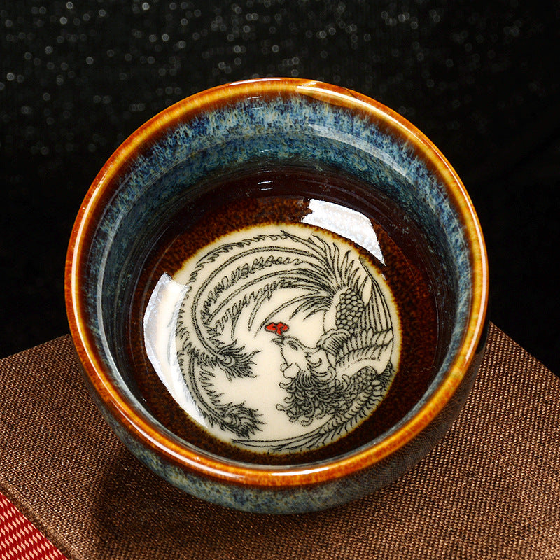 Buddha Stones Lotus Dragon Phoenix Koi Fish Chinesische Jianzhan-Keramik-Teetasse, Kung-Fu-Teetasse, 110 ml