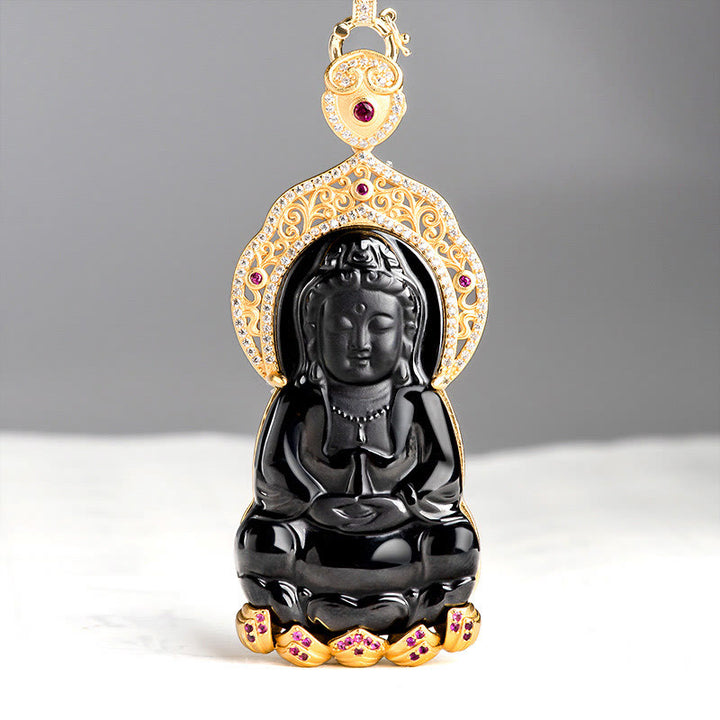 Buddha Stones , natürlicher schwarzer Jade-Anhänger, Kwan Yin Avalokitesvara, Reichtums-Titanstahlkette - Schwarzer Jade (Schutz♥Ruhe) - image 0
