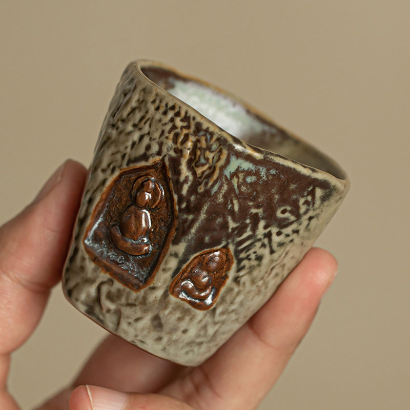 Buddha Stones Vintage-Teetasse in Dunhuang-Farbe, Buddha-Gravur, Kung-Fu-Teetasse