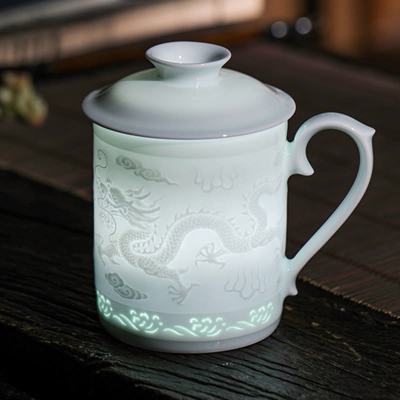 Buddha Stones Jingdezhen Linglong Porzellan Auspicious Dragon Phoenix Boat Smooth Sailing Keramik Teetasse Büro Teetassen 420 ml - Glückverheißender Drache Phönix 9,5 cm × 13,5 cm × 420 ml - image 0