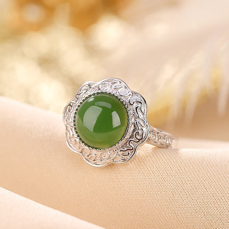 Buddha Stones 925 Sterling Silber Hetian Cyan Jade Blumendesign Glück verstellbarer Ring - image 1