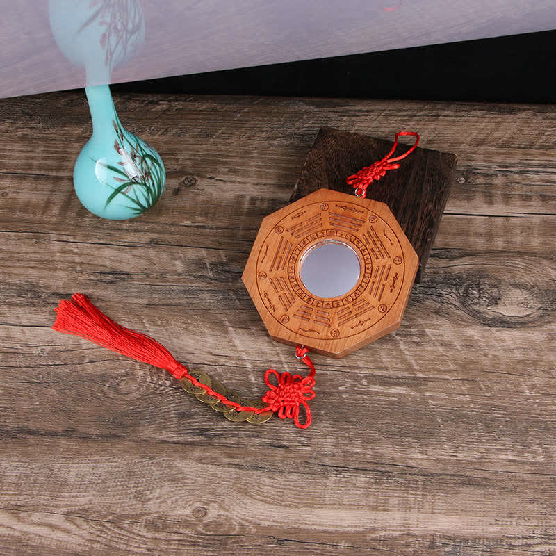 Feng Shui Bagua-Karte, Pfirsichholz, fünf Kaisermünzen, chinesischer Knoten, Gleichgewicht, Energiekarte, Spiegel - 20 x 2 cm - Konvexspiegel - Bagua-Karte & Fünf Kaisermünzen - image 1
