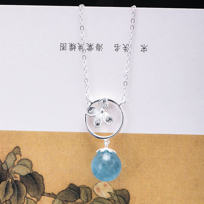 Buddha Stones 925 Sterling Silber natürliche Aquamarin Blatt Blume Frieden Ohrringe Halskette - image 11