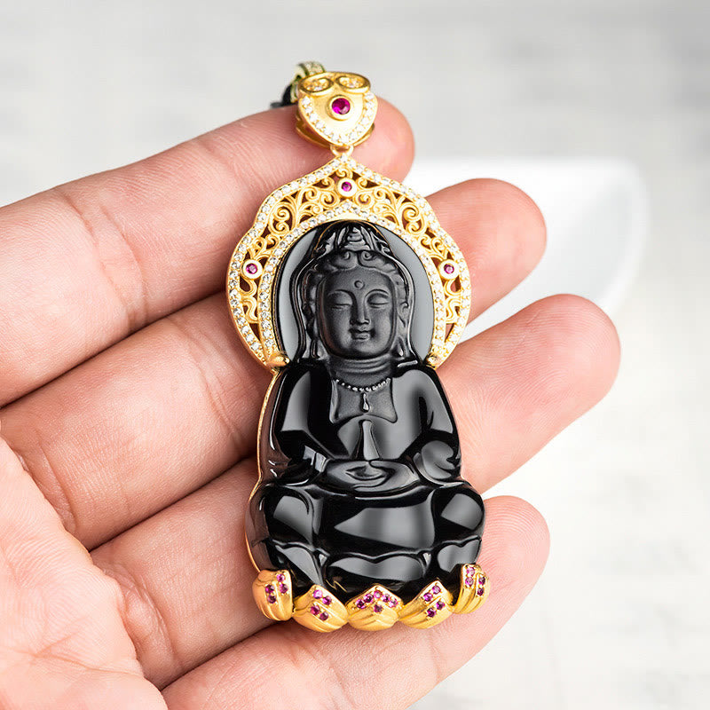 Buddha Stones 925 Sterling Silber natürliche schwarze Jade Kwan Yin Avalokitesvara Reichtum Halskette Anhänger - image 3