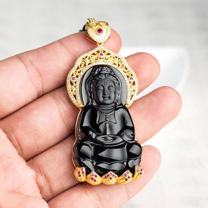 Buddha Stones 925 Sterling Silber natürliche schwarze Jade Kwan Yin Avalokitesvara Reichtum Halskette Anhänger - image 3