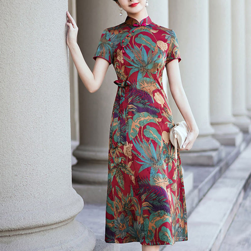 Buddha Stones Seide Qipao Kleid Retro Blumen Blatt Muster Damen Cheongsam Kleid