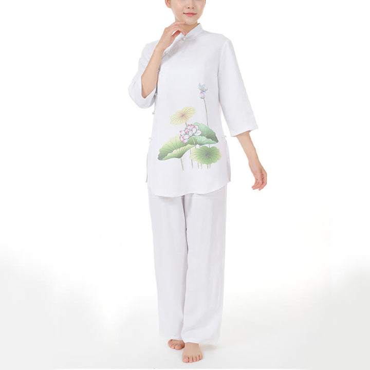 Buddha Stones 2-teiliges Set mit Weiß Lotusblütenblättern, Halbarm-Shirt, Oberteil und Hose, Meditation, Zen, Tai Chi, Leinenkleidung für Damen