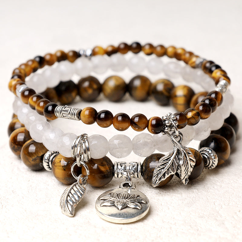 Buddha Stones 3-teiliges Armband aus natürlichem Quarzkristall mit Perlen und Heilenergie, Lotus