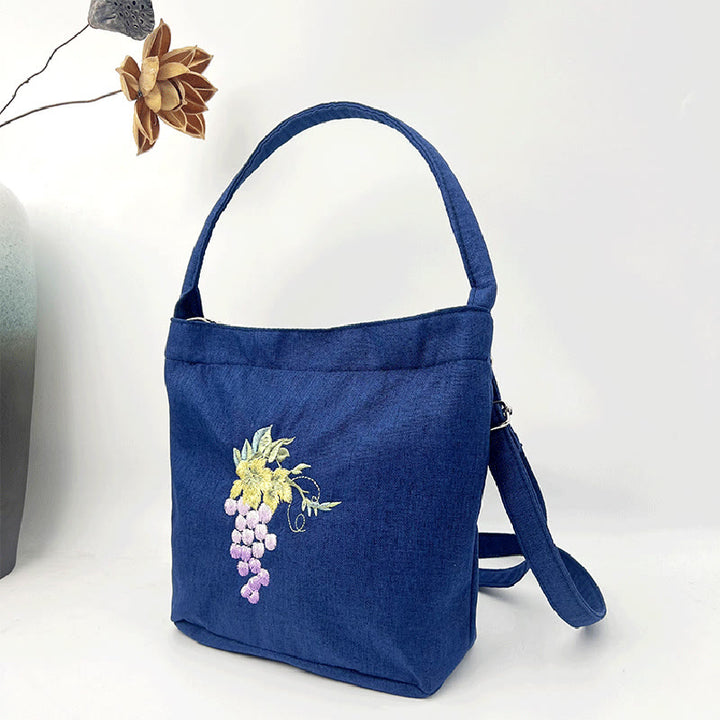 Buddha Stones Stickerei Wisteria Pflaume Lotus Kirschblüte Baumwolle Leinen Canvas Tote Umhängetasche Schultertasche Handtasche