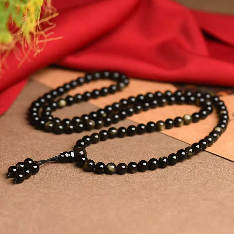 Buddha Stones 108 Mala-Perlen, natürliches Goldglanz-Obsidian-Reichtumsarmband