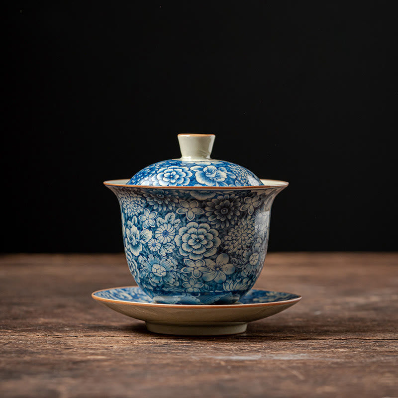 Buddha Stones Vintage Blaues und Weiß Porzellan Pfirsichblüte Lotus Pfingstrose Keramik Gaiwan Sancai Teetasse Kung Fu Teetasse und Untertasse mit Deckel - 9 cm × 9,7 cm × 150 ml (Untertasse 11 cm) - image 14