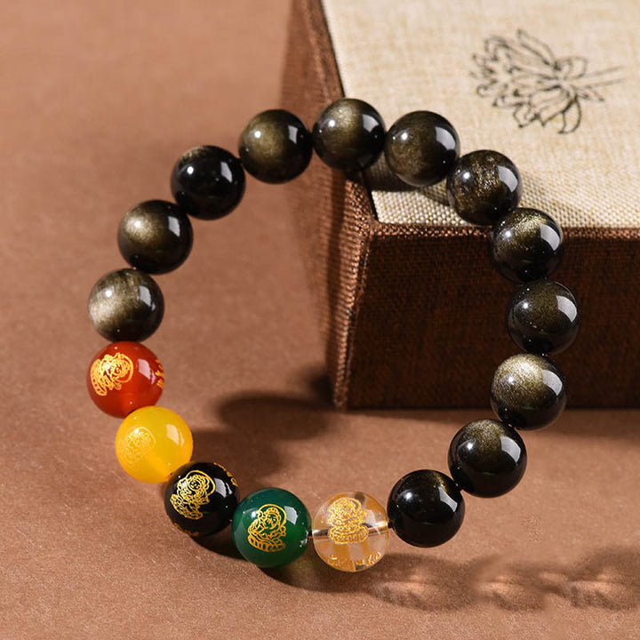 Buddha Stones Armband Gods of Wealth, goldglänzender Obsidian, Regenbogenobsidian, schwarzer Obsidian, Five Directions