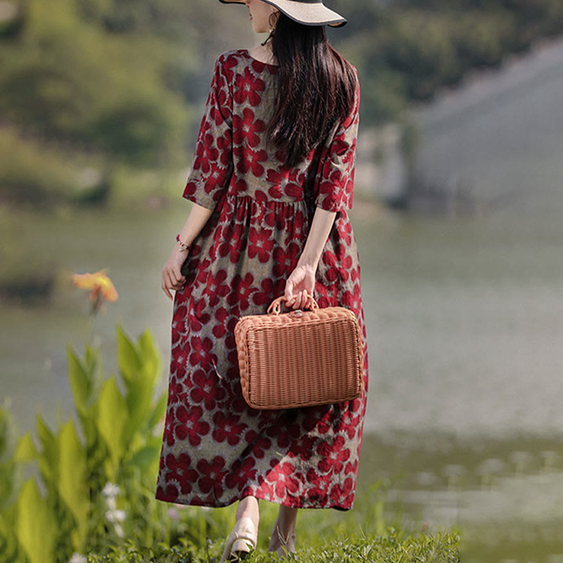 Midikleid mit Buddha-Steinen und Blumen-Print, Tunikakleid aus Baumwolle und Leinen mit Taschen