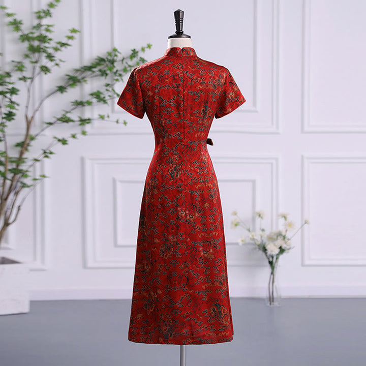 Buddha Stones Vintage Auspicious Clouds Leaf Print Cheongsam Kleid Damen Qipao Kleid