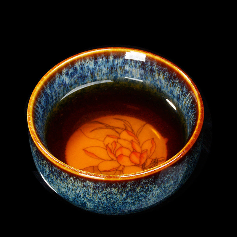 Buddha Stones Lotus Dragon Phoenix Koi Fish Chinesische Jianzhan-Keramik-Teetasse, Kung-Fu-Teetasse, 110 ml