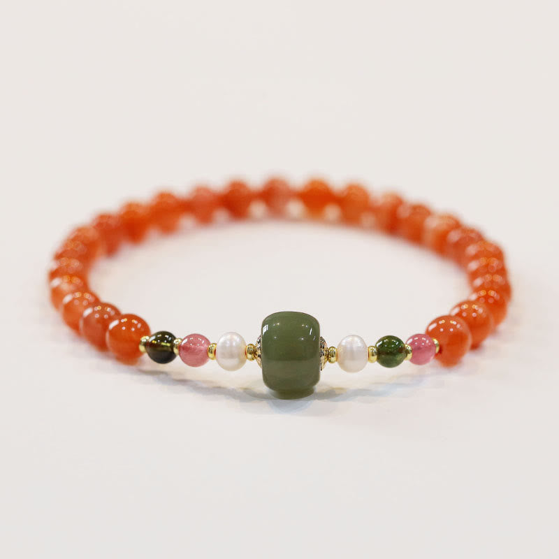 Buddha Stones Armband aus natürlichem rotem Achat und Hetian-Jade-Perle für Selbstvertrauen und Ruhe