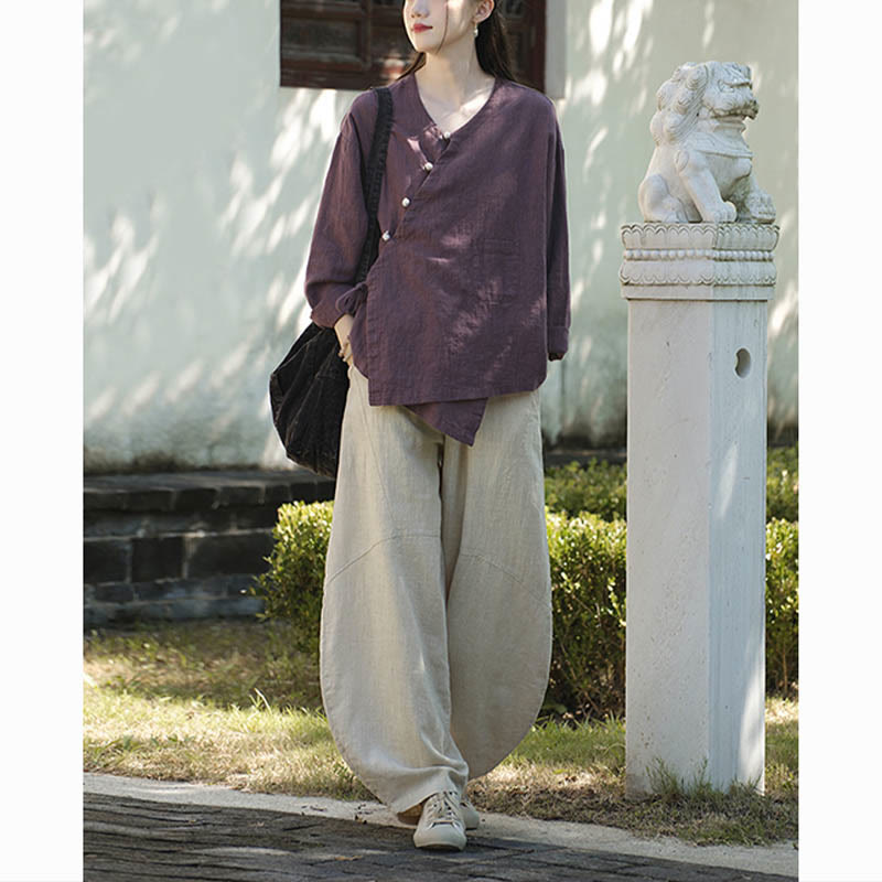 Buddha-Steine, einfarbig, Ramie-Leinen, lockere Bluse, Langarmshirt, chinesisches Hanfu-Oberteil