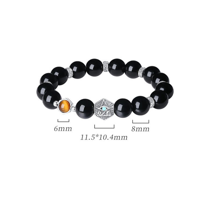 Buddha Stones 925 Sterling Silber Schwarzer Obsidian Tigerauge Auge der Vorsehung Reinigungsarmband - image 15