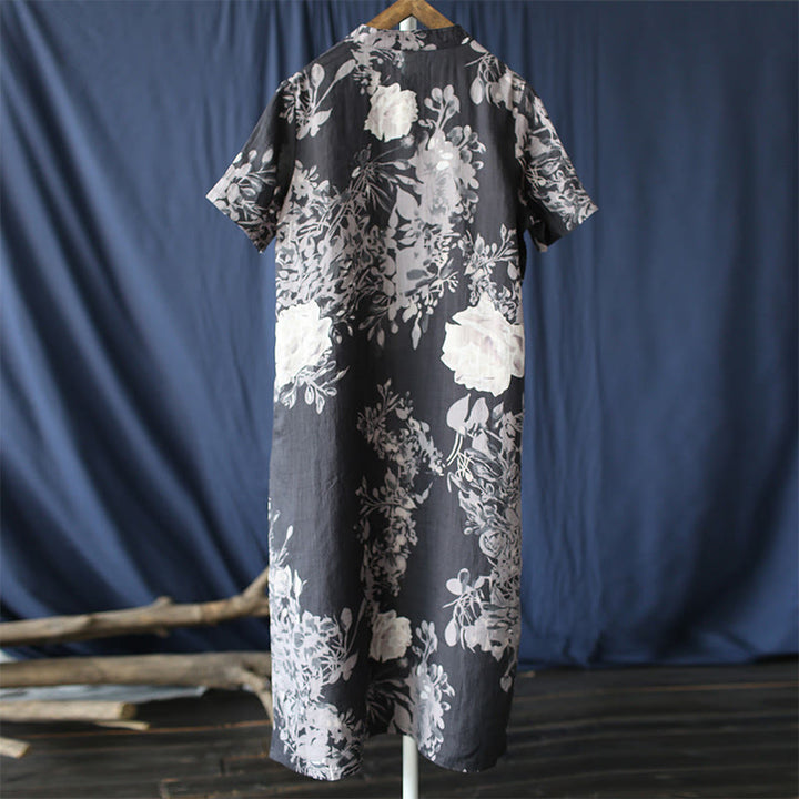 Buddha Steine Ramie Leinen Blau Blumen Blätter Cheongsam Kleider Kurzarm Kleid