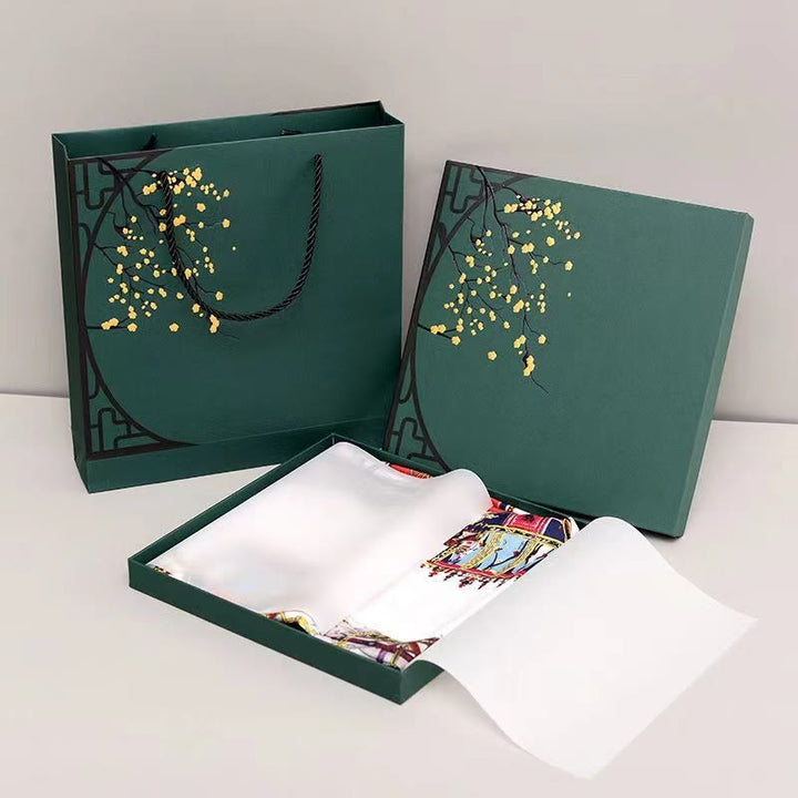 Halstuch mit Buddha Stonesn, pastorale Szene, Heißluftballon, Frühlingsblüten, 100 % Maulbeerseide - image 6