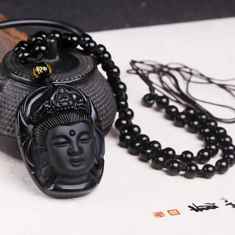 Buddha Stones Natürlicher schwarzer Obsidian Kwan Yin Avalokitesvara Kraftschnur-Halskettenanhänger - Schwarzer Obsidian (Reinigung ♥ Transformation) - image 1