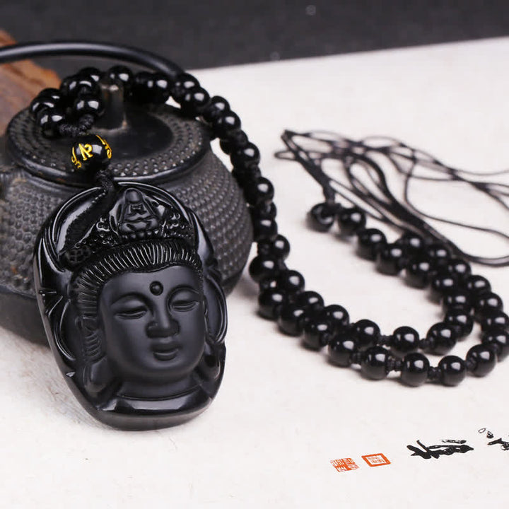 Buddha Stones Natürlicher schwarzer Obsidian Kwan Yin Avalokitesvara Kraftschnur-Halskettenanhänger - Schwarzer Obsidian (Reinigung ♥ Transformation) - image 1