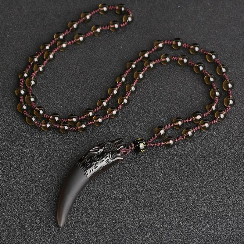 Buddha Stones, natürlicher Eis-Obsidian, Wolfszahn-Muster, Mut-Halsketten-Anhänger - 63 x 14 mm Eisobsidian- und braune Perlenkette - image 7
