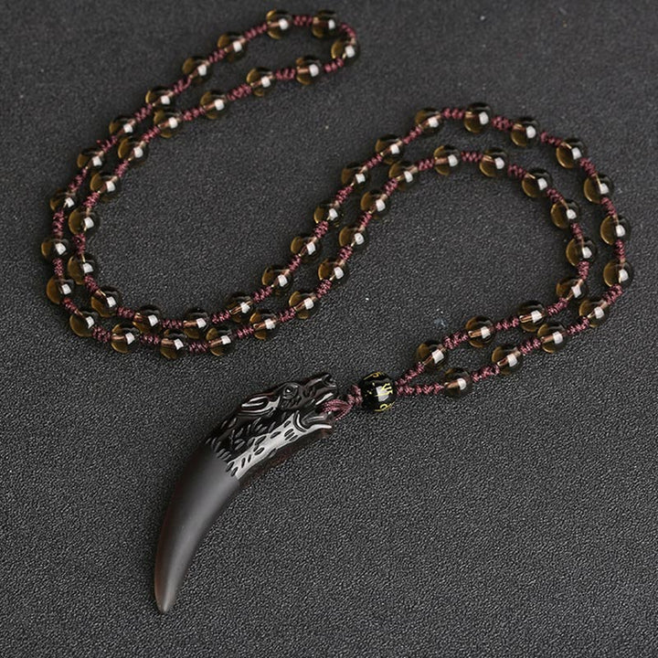 Buddha Stones, natürlicher Eis-Obsidian, Wolfszahn-Muster, Mut-Halsketten-Anhänger - 63 x 14 mm Eisobsidian- und braune Perlenkette - image 7