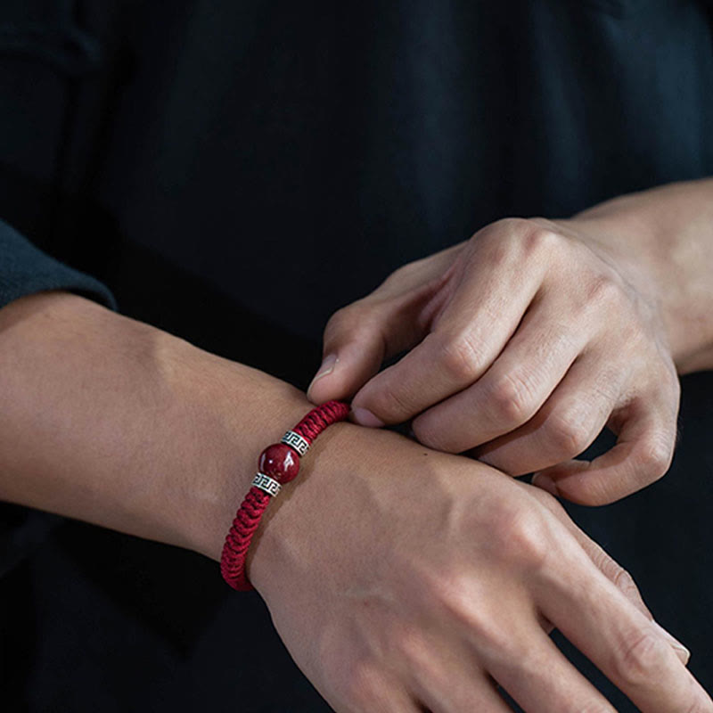 Buddha Stones 925 Sterling Silber Natürliche Zinnoberperle Ruhiges handgefertigtes geflochtenes Schnurarmband - image 4